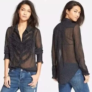 Free People Sheer Ruffle Black Polka Dot Fringe Tux Button Down Blouse Size M
